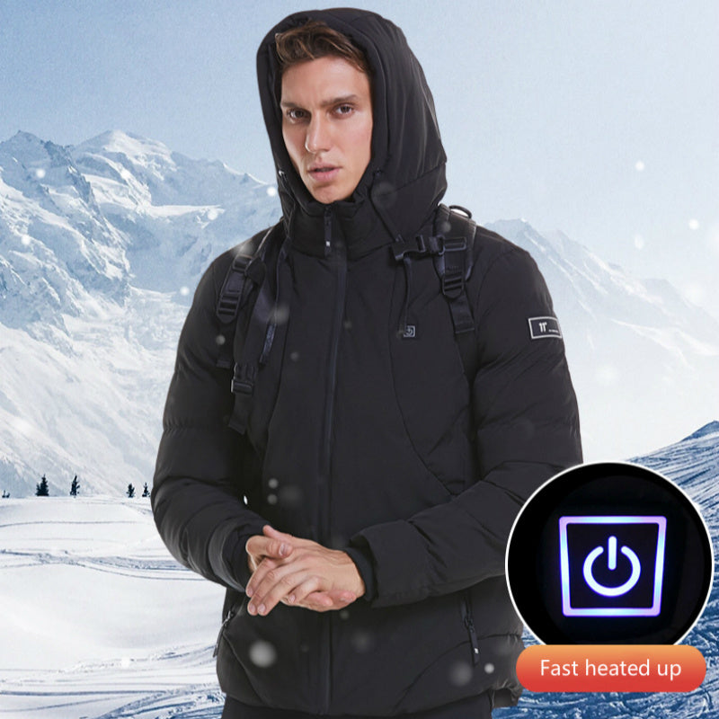 New Men Women Cotton Coat USB Smart Electric Heated Jackets Winter Thicken Down Hooded Outdoor Hiking Ski Clothing